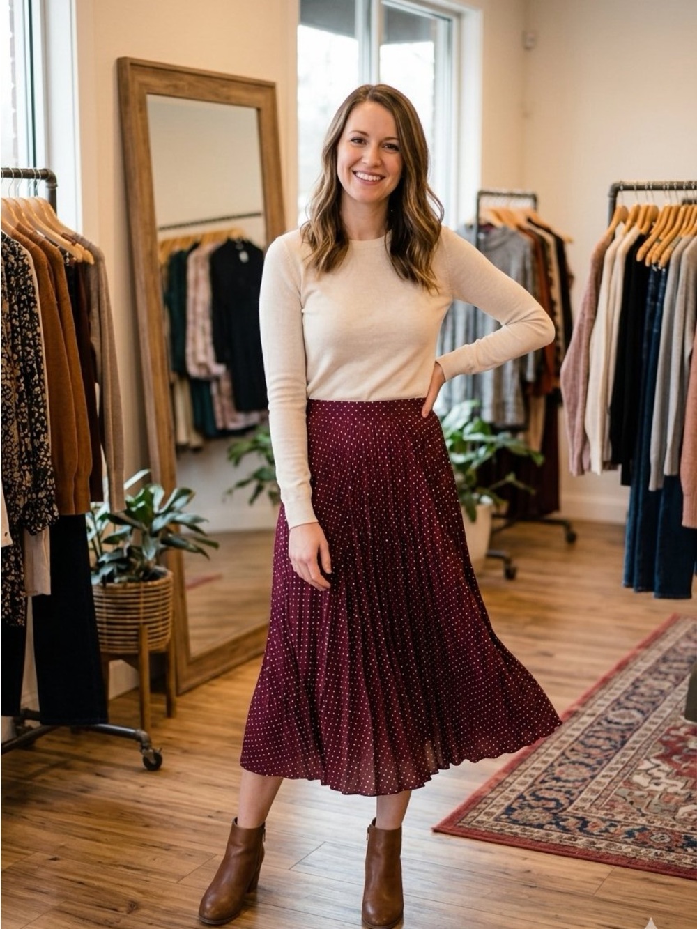 Pleated Burgundy Midi Skirt with Polka Dot Print